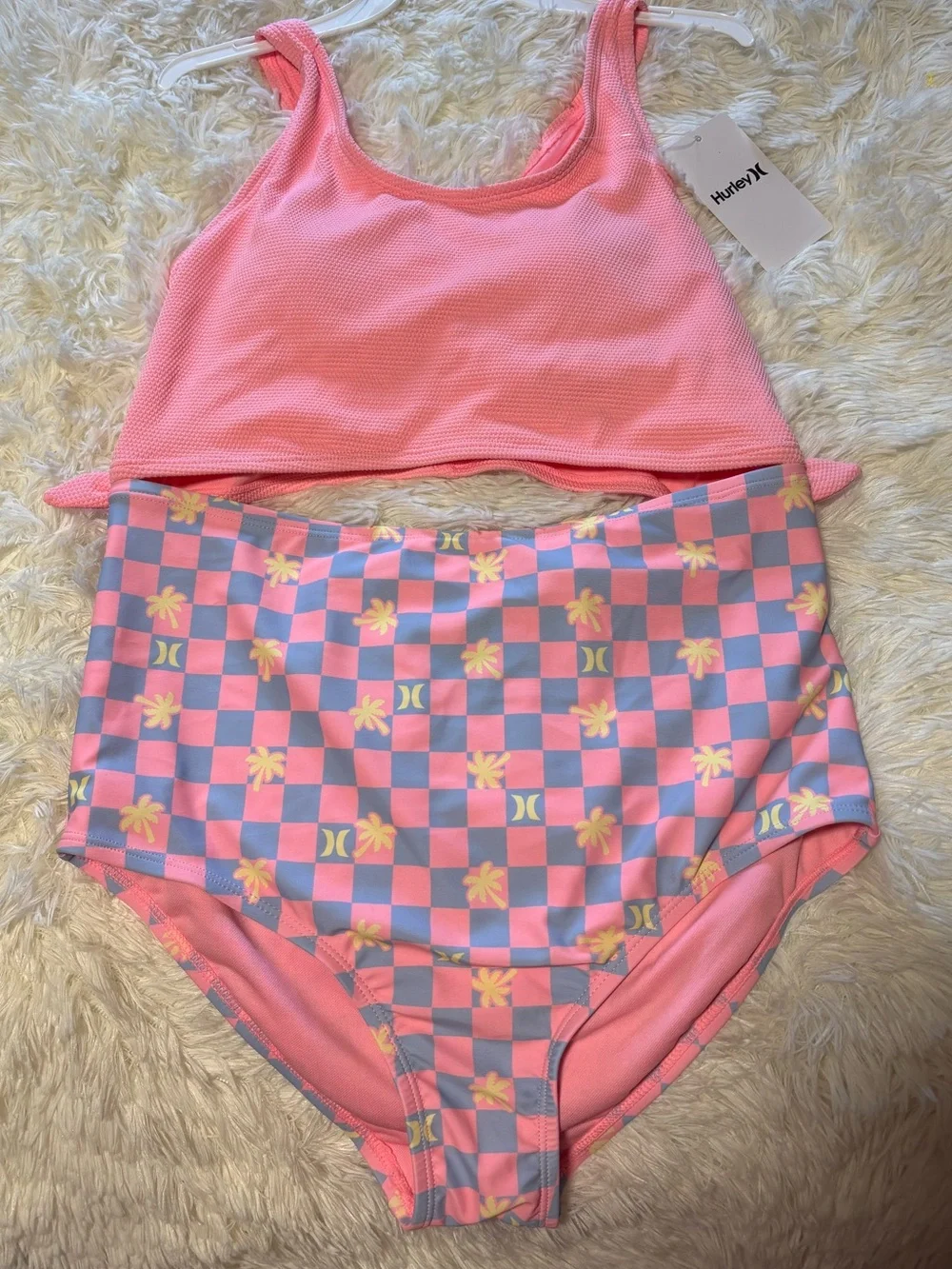 Hurley Pink & Blue Checker High-Waist Girls' Swim Set NWT SIZE XL